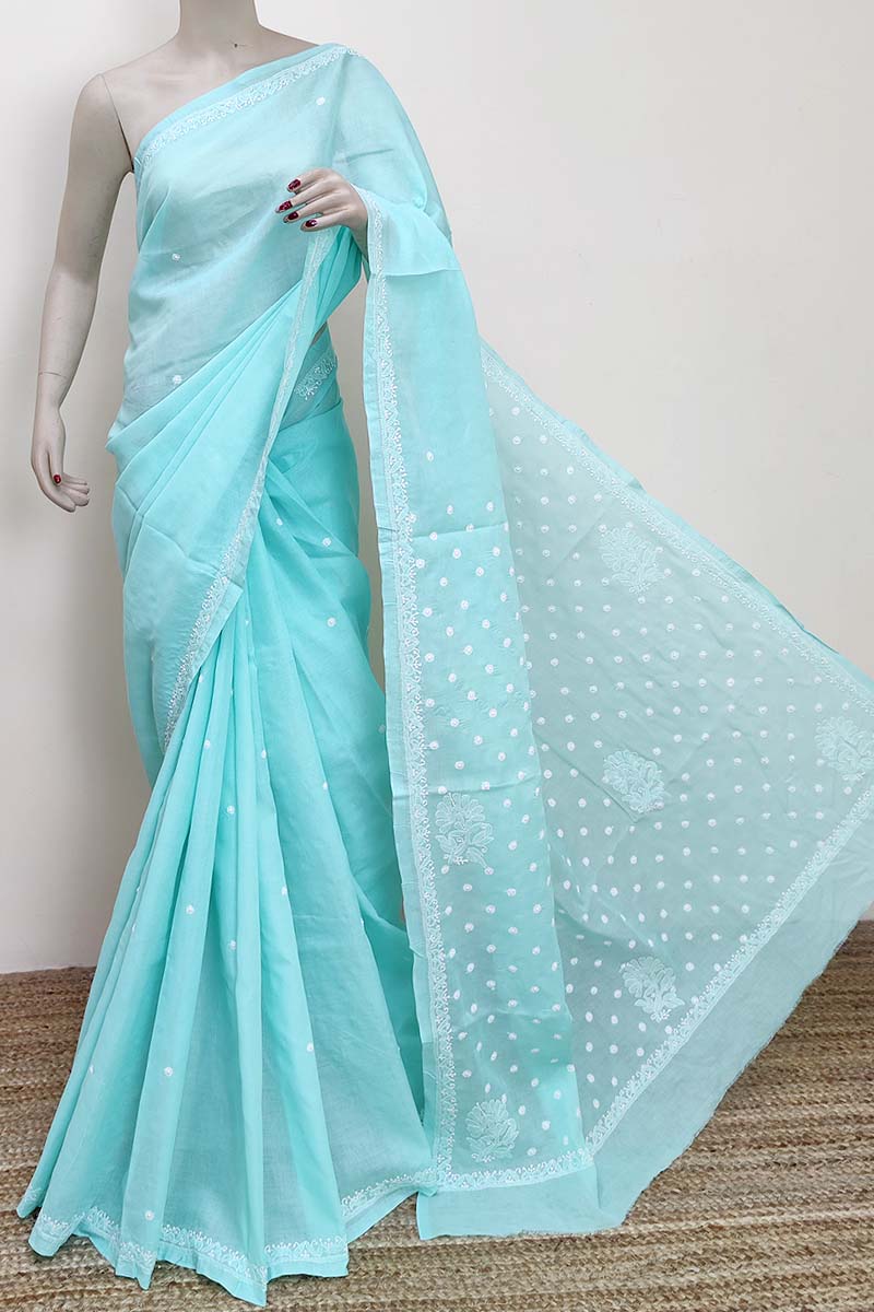 Sea green Color Hand Embroidered Cotton Lucknowi Chikankari Saree (with Blouse) MC252938