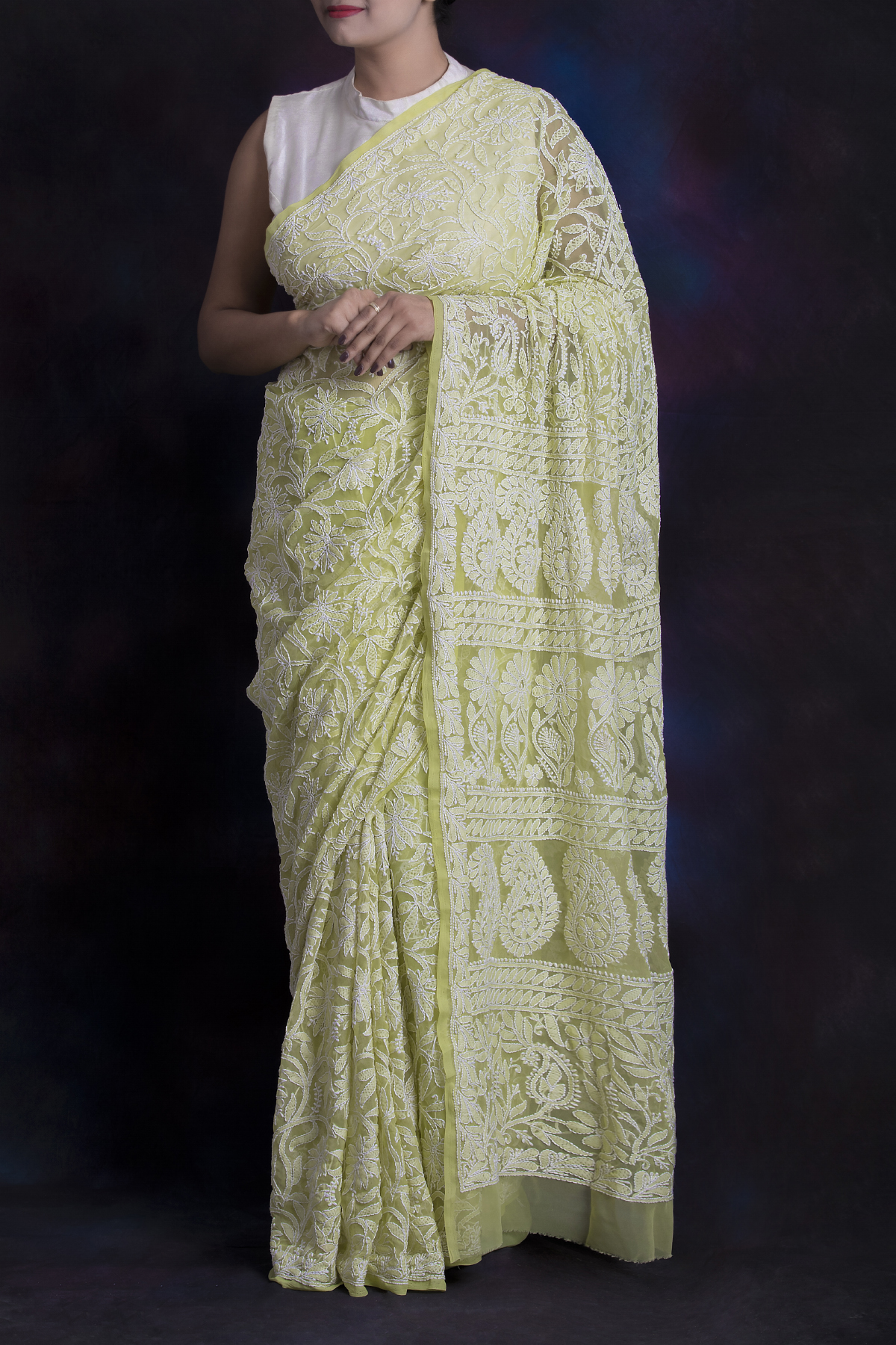 Buy Green Color Allover Hand Embroidered Lucknowi Chikankari Saree