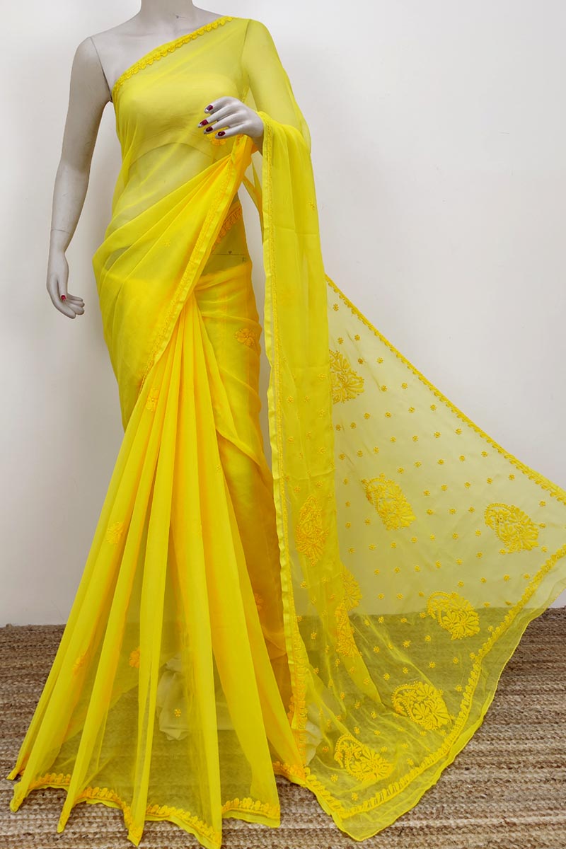 Yellow Colour Georgette Lucknowi Chikankari (Saree with Blouse) MC252598