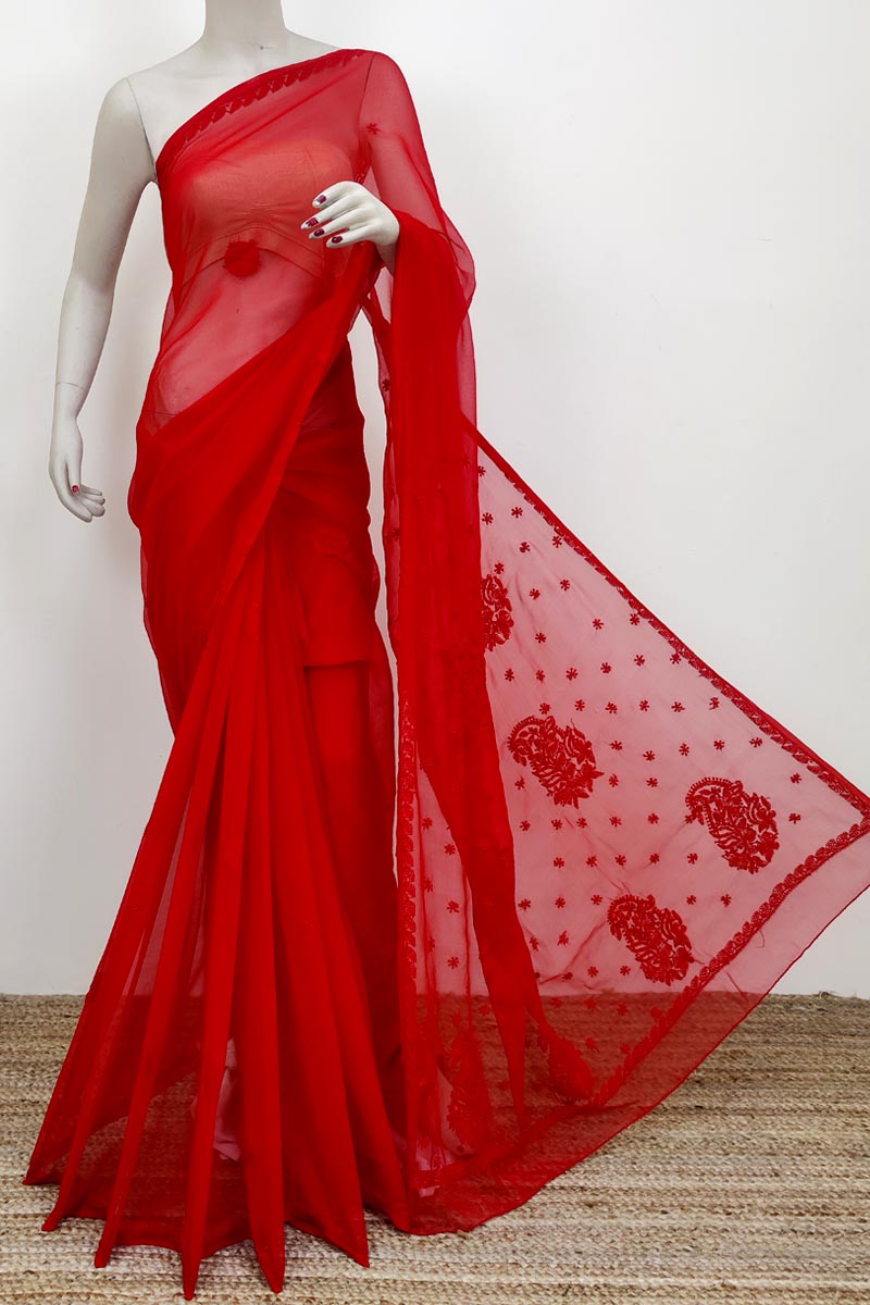 Red Colour Georgette Lucknowi Chikankari (Saree with Blouse) MC252599