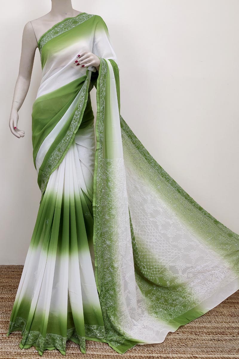 Green shaded Colour Georgette Lucknowi Chikankari (Saree with Blouse) MC252603