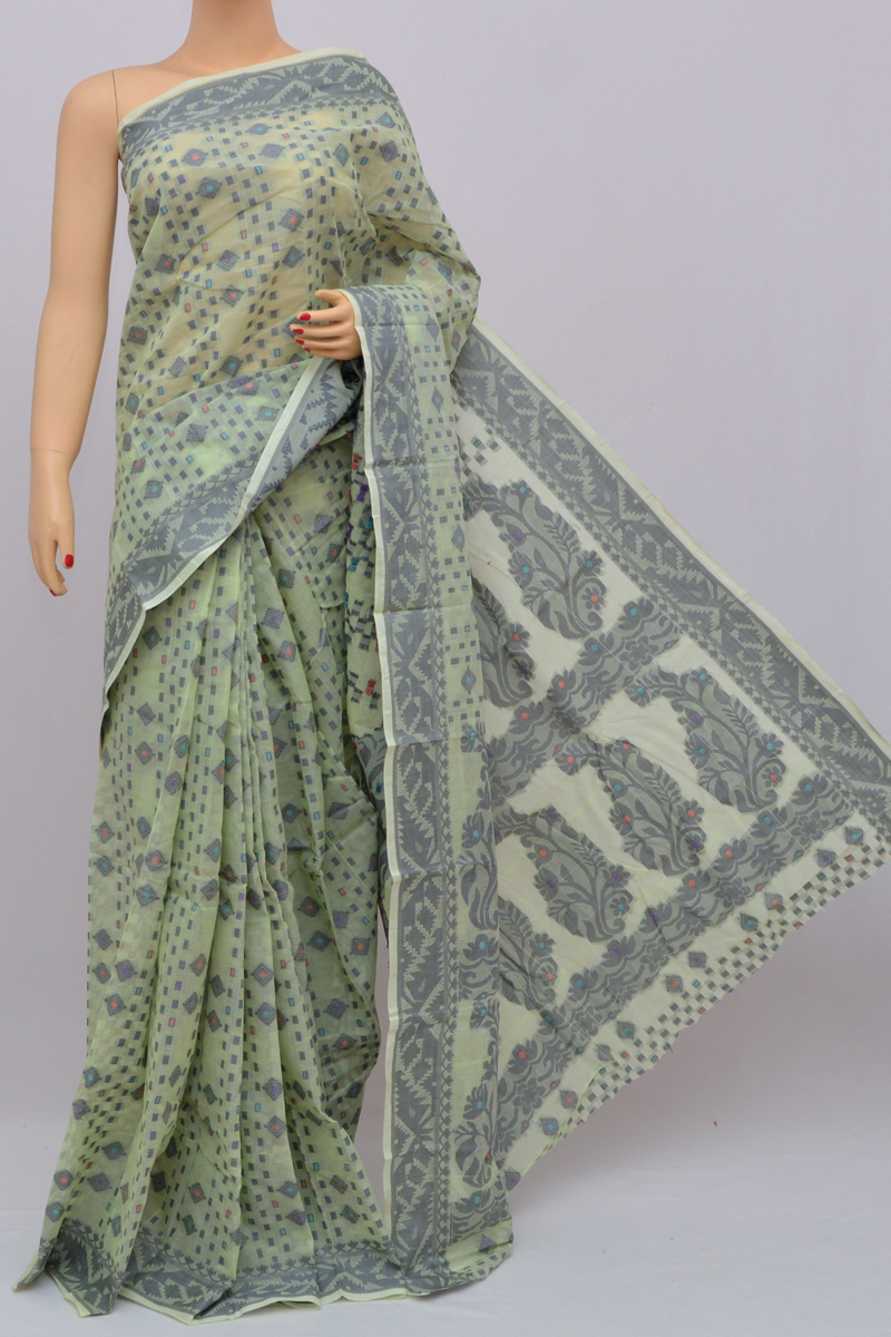 GREY & YELLOW HANDLOOM Hand Woven Silk Tant Jamdani Saree. - LAA CALCUTTA -  3914458