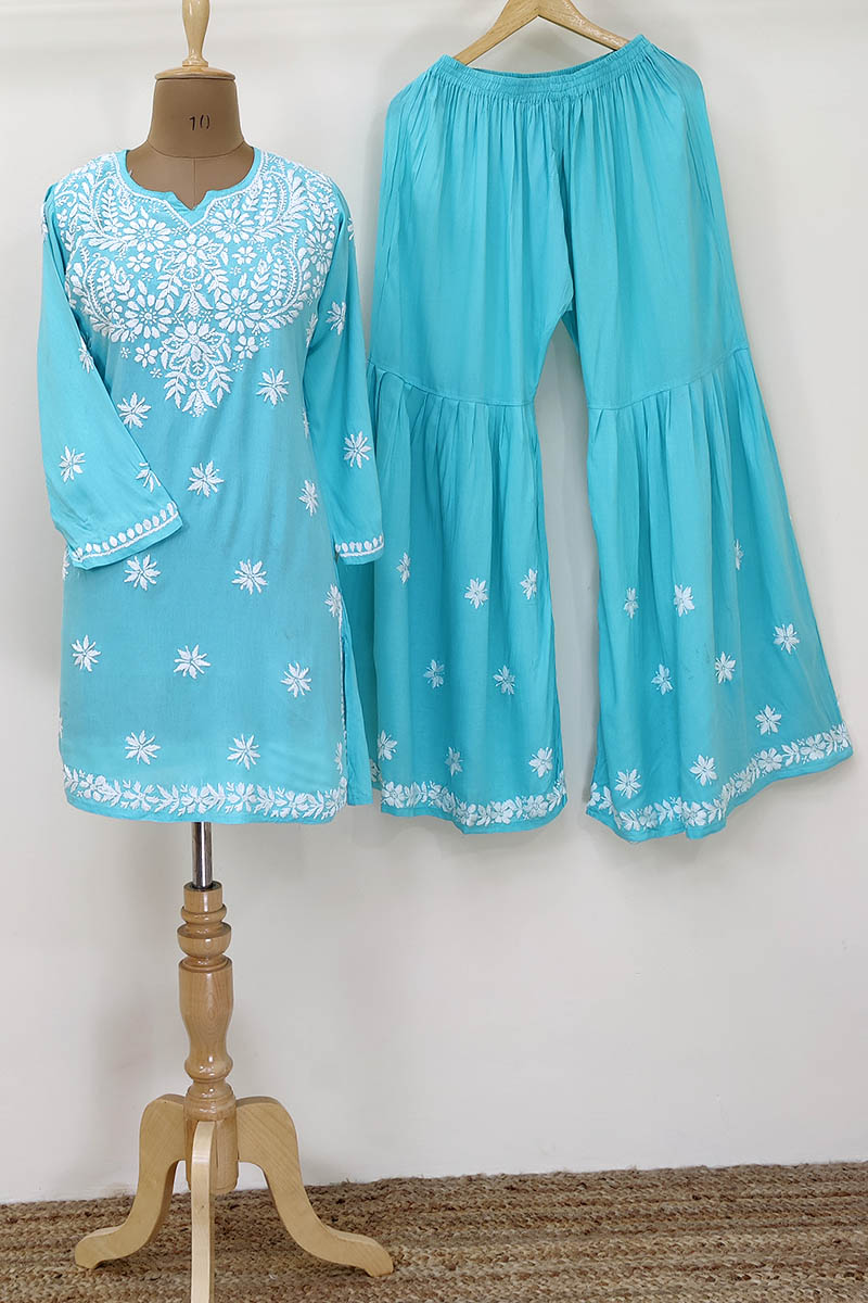 Sky Blue Color Hand Embroidered Lucknowi Chikankari Garara Suit Set (Reyon Cotton) MC252271