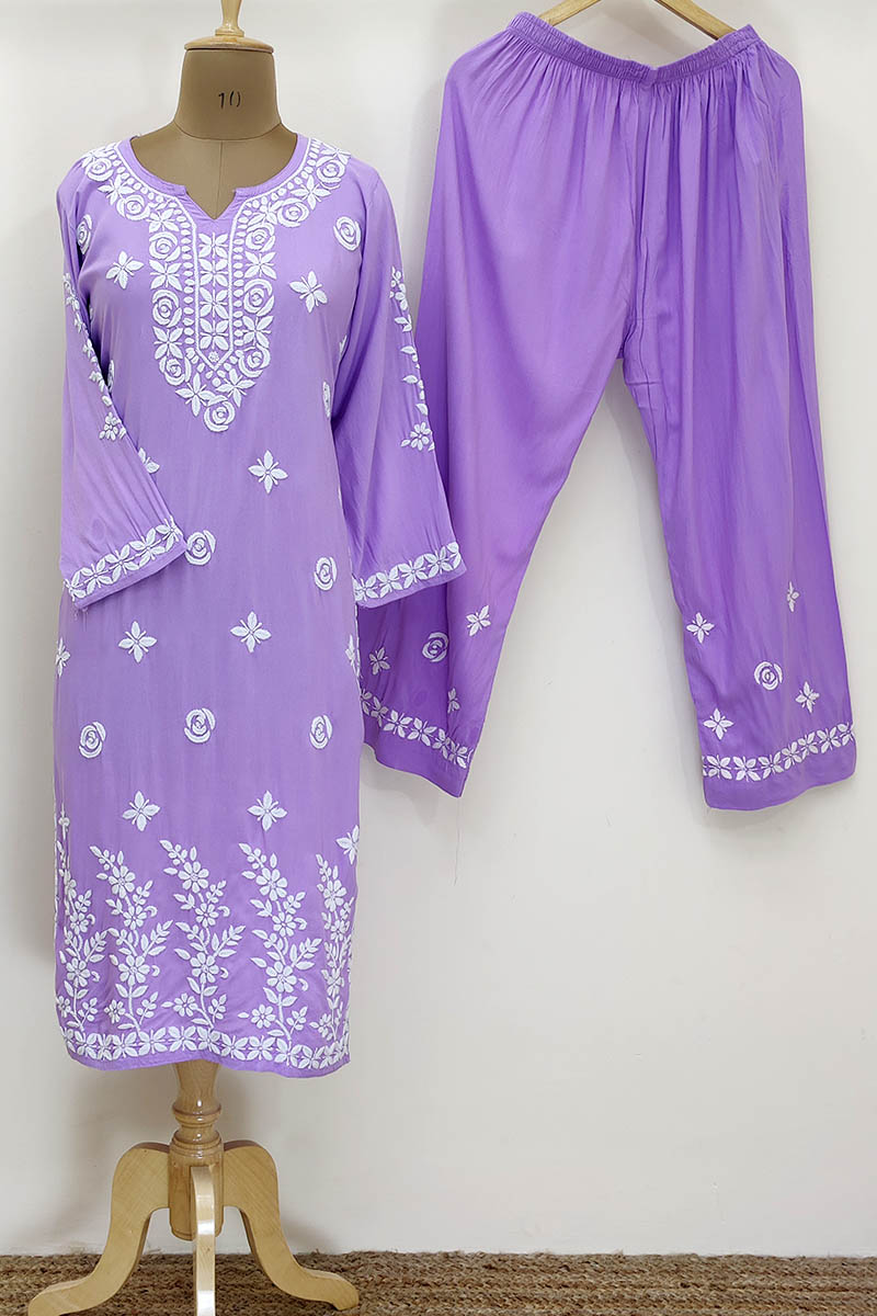 Lavender Color Hand Embroidered Lucknowi Chikankari Kurta Plazo Suit Set With Ghaas Patti Work (reyon Cotton) Mc252272