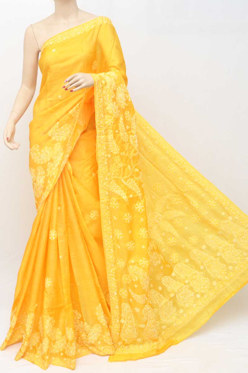 Yellow Color Tussar Silk Lucknowi Chikankari Saree (With Blouse) MC251085