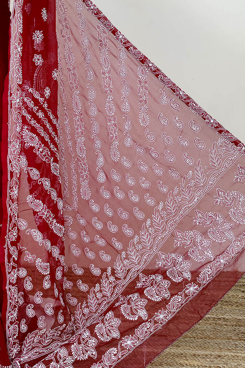 Buy Maroon Color Designer Hand Embroidered Lucknowi Chikankari Saree (With  Blouse - Georgette) MC252291