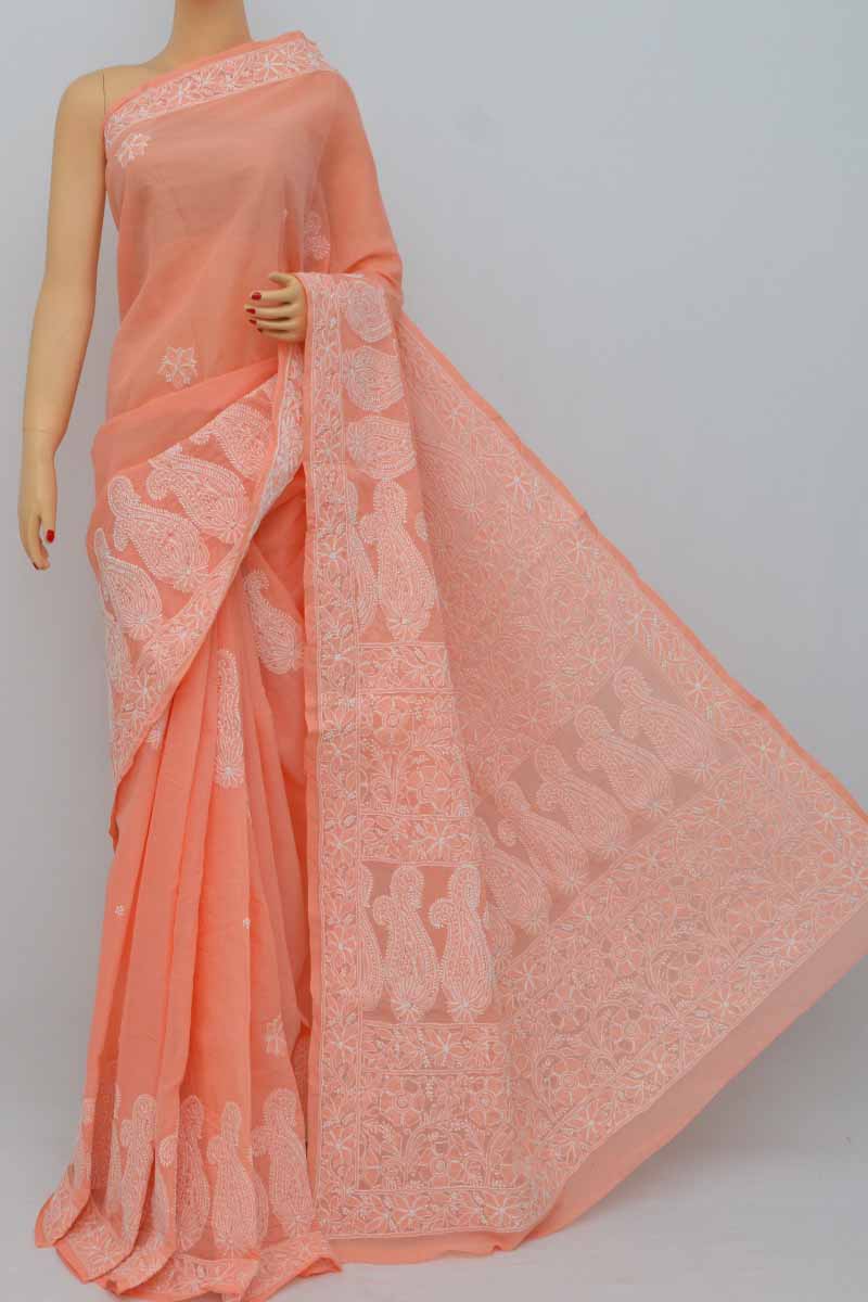 Peach jamdani cotton saree with flower butti – OnlyPaithani