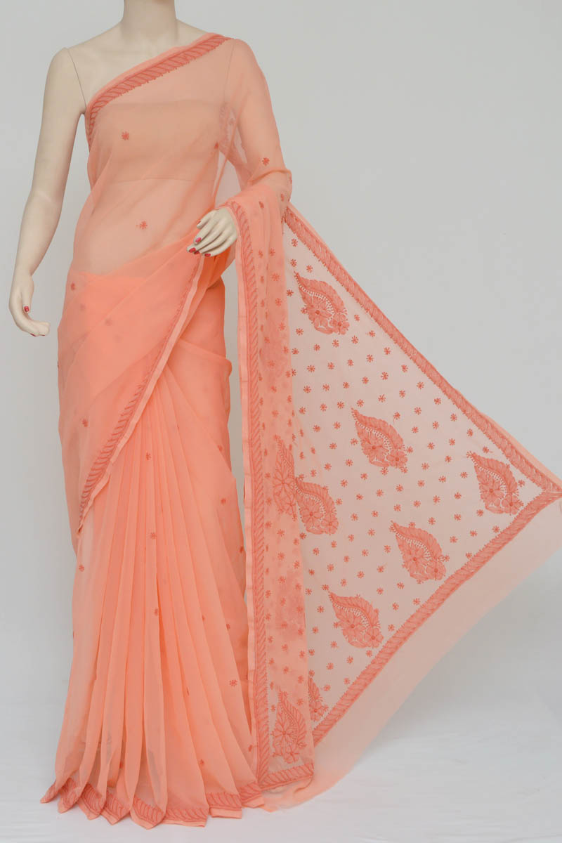 Embroidered Saree Silk Satin Georgette In Gajri Color