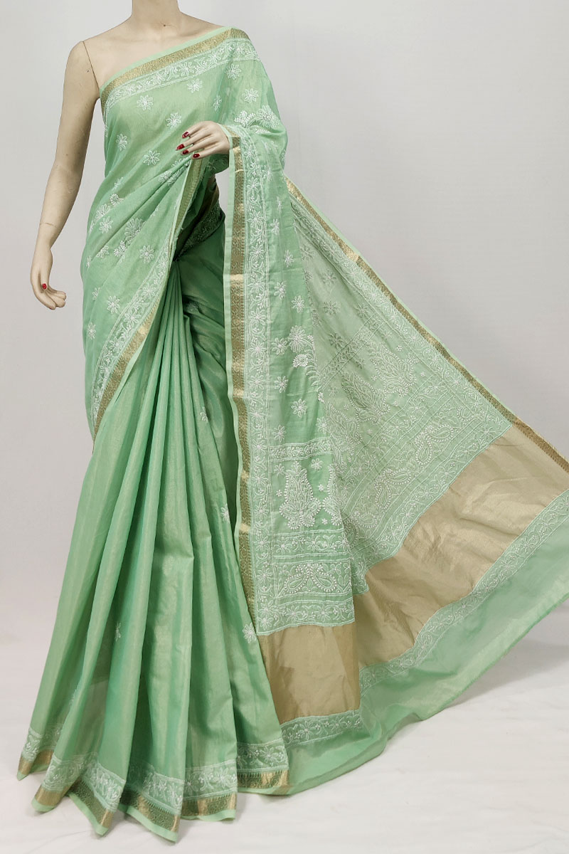 Green Colour Chanderi Cotton Lucknowi Chikankari Saree With Blouse MC253233