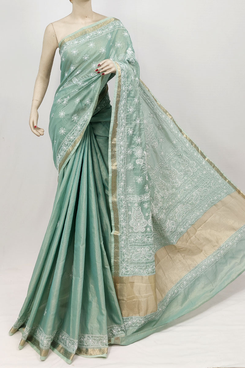 Pista Green Colour Chanderi Cotton Designer Lucknowi Chikankari Saree With Blouse Mc253237