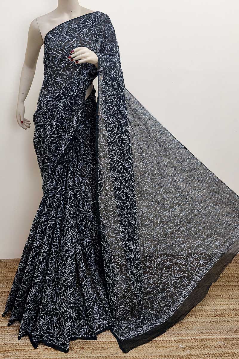 Black color Kota cotton Hand Embroidered Tepchi Work Lucknowi Chikankari Saree (Without Blouse - Cotton) MC252940