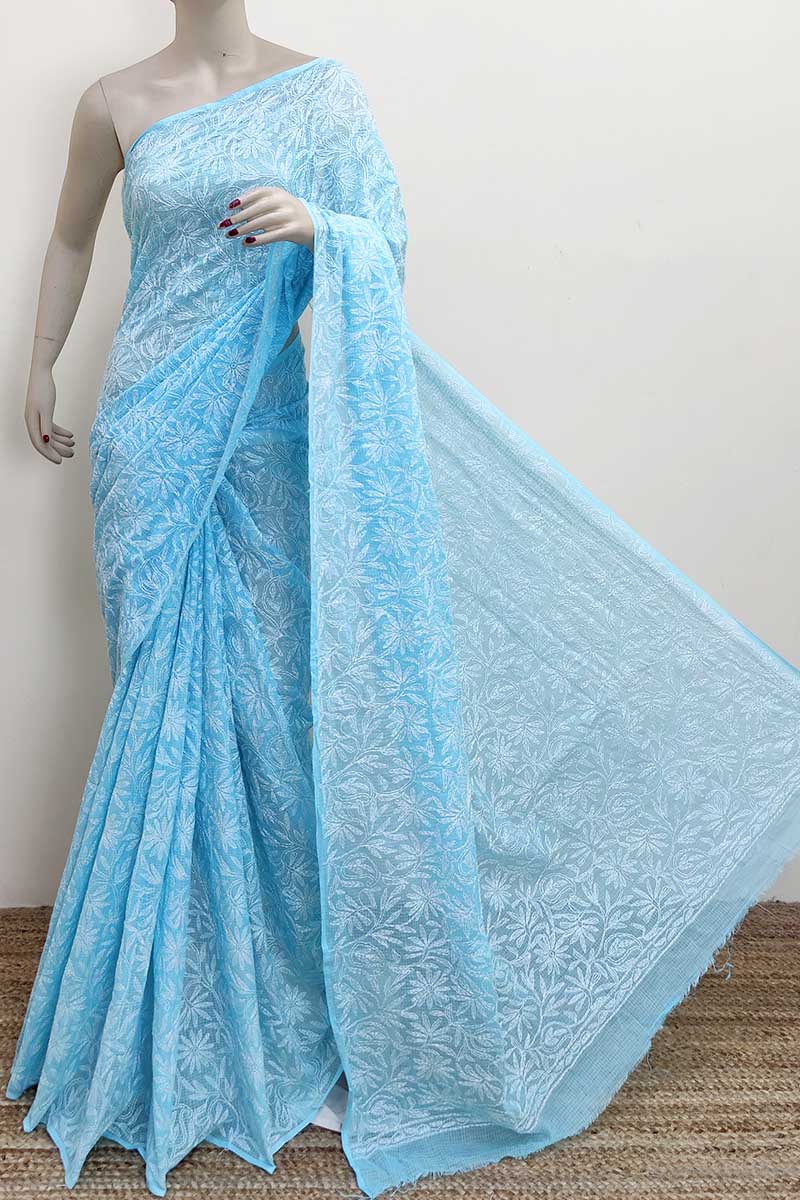 Blue Color Kota Cotton Hand Embroidered Tepchi Work Lucknowi Chikankari Saree (without Blouse - Cotton) Mc252941