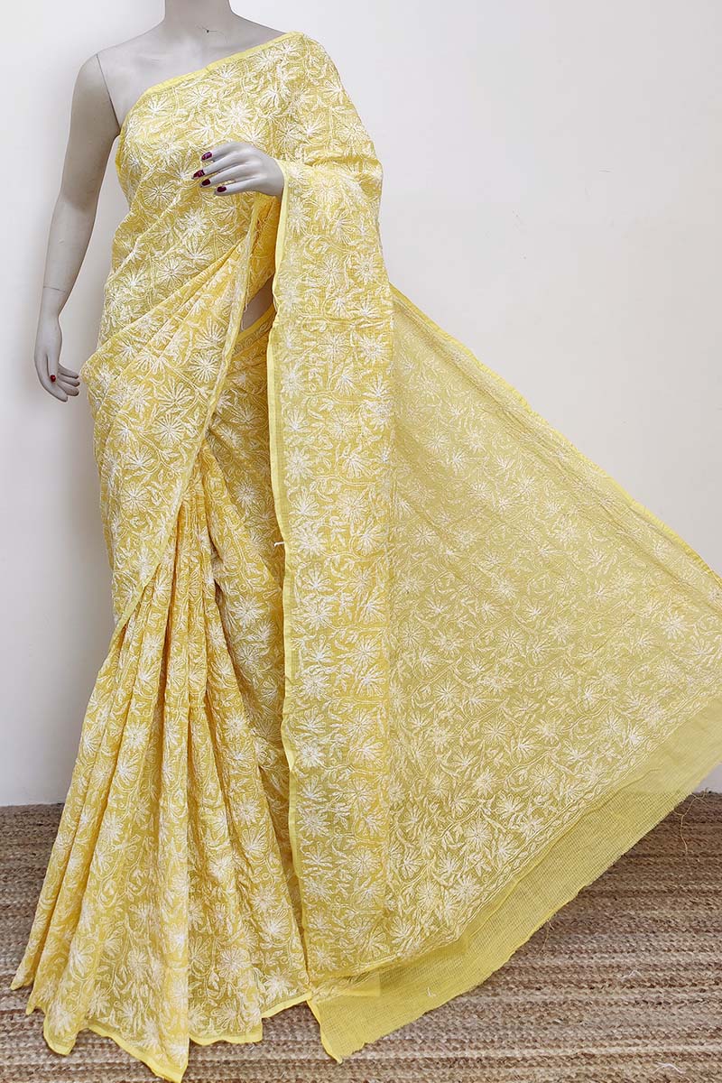 Yellow Color Kota Cotton Hand Embroidered Tepchi Work Lucknowi Chikankari Saree (without Blouse - Cotton) Mc252942