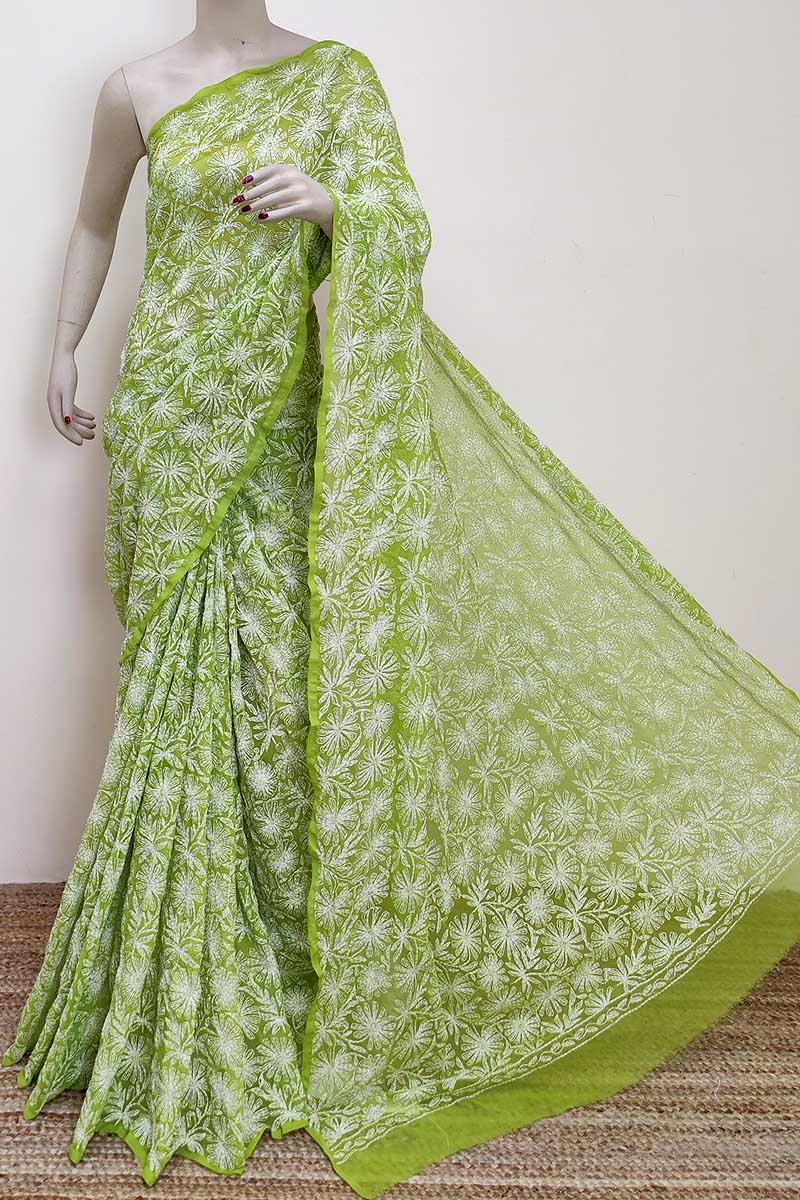 Green Colour Georgette Lucknowi Chikankari Tepchi Saree (with Blouse) MC252943