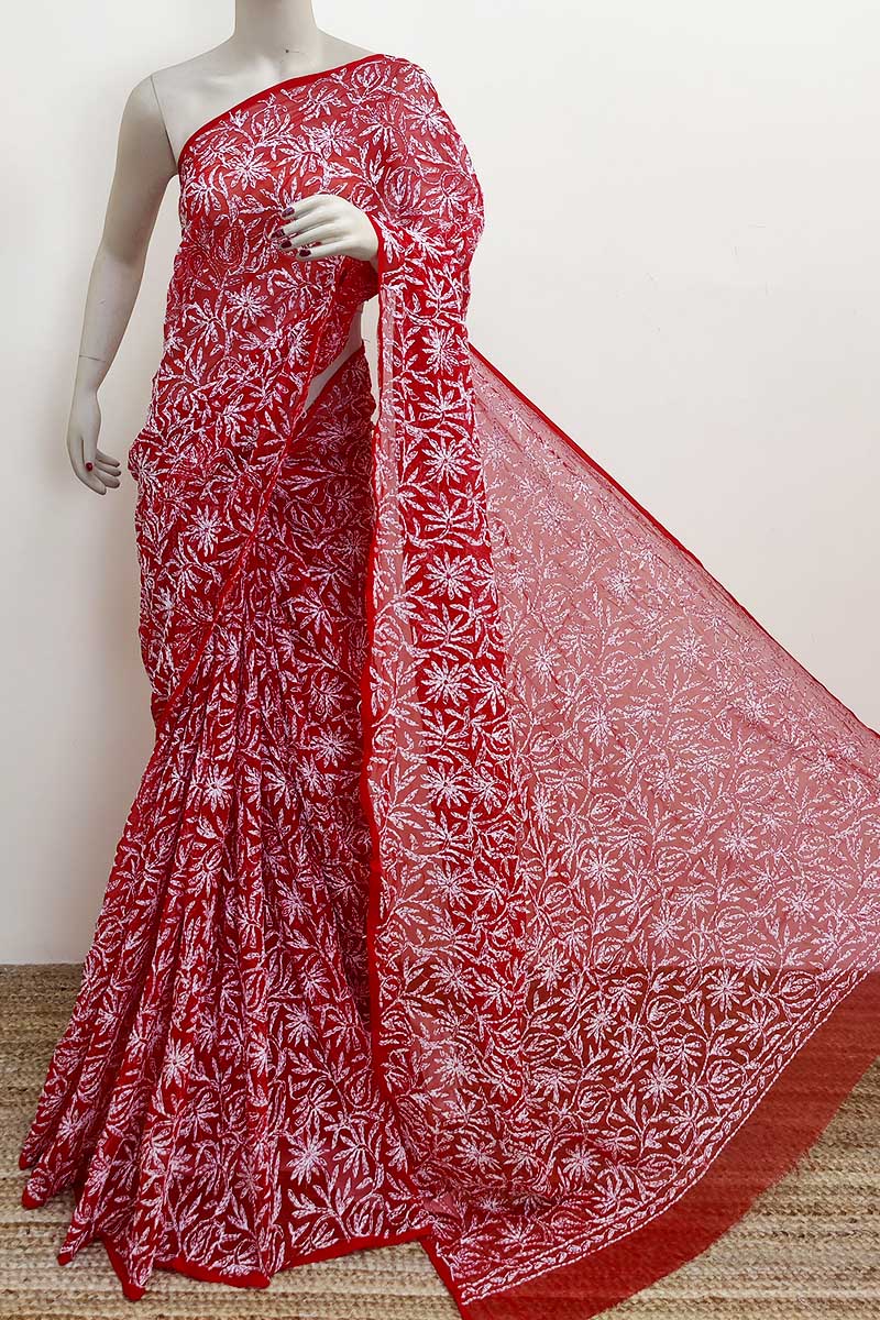 Red Colour Georgette Lucknowi Chikankari Tepchi Saree (with Blouse) MC252944