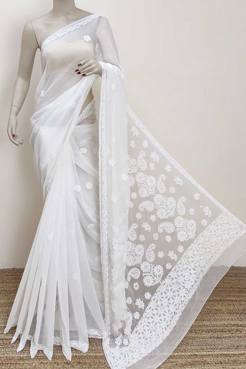 white colour Designer Hand Embroidered Georgette Lucknowi Chikankari (Saree with Blouse) MC253003