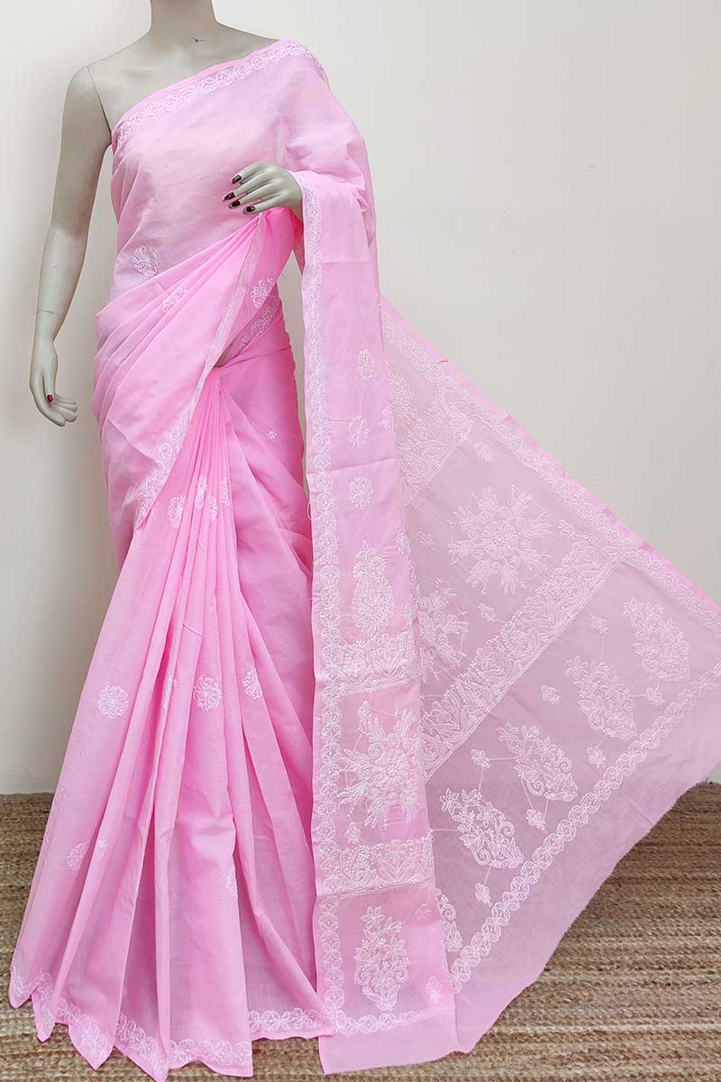 Pink Color Hand Embroidered Cotton Lucknowi Chikankari Saree (with Blouse) MC252998