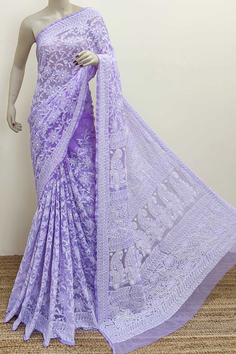 Lavender Color Allover Hand Embroidered Lucknowi Chikankari Saree With Mukaish Work (with Blouse - Georgette) Mc252999