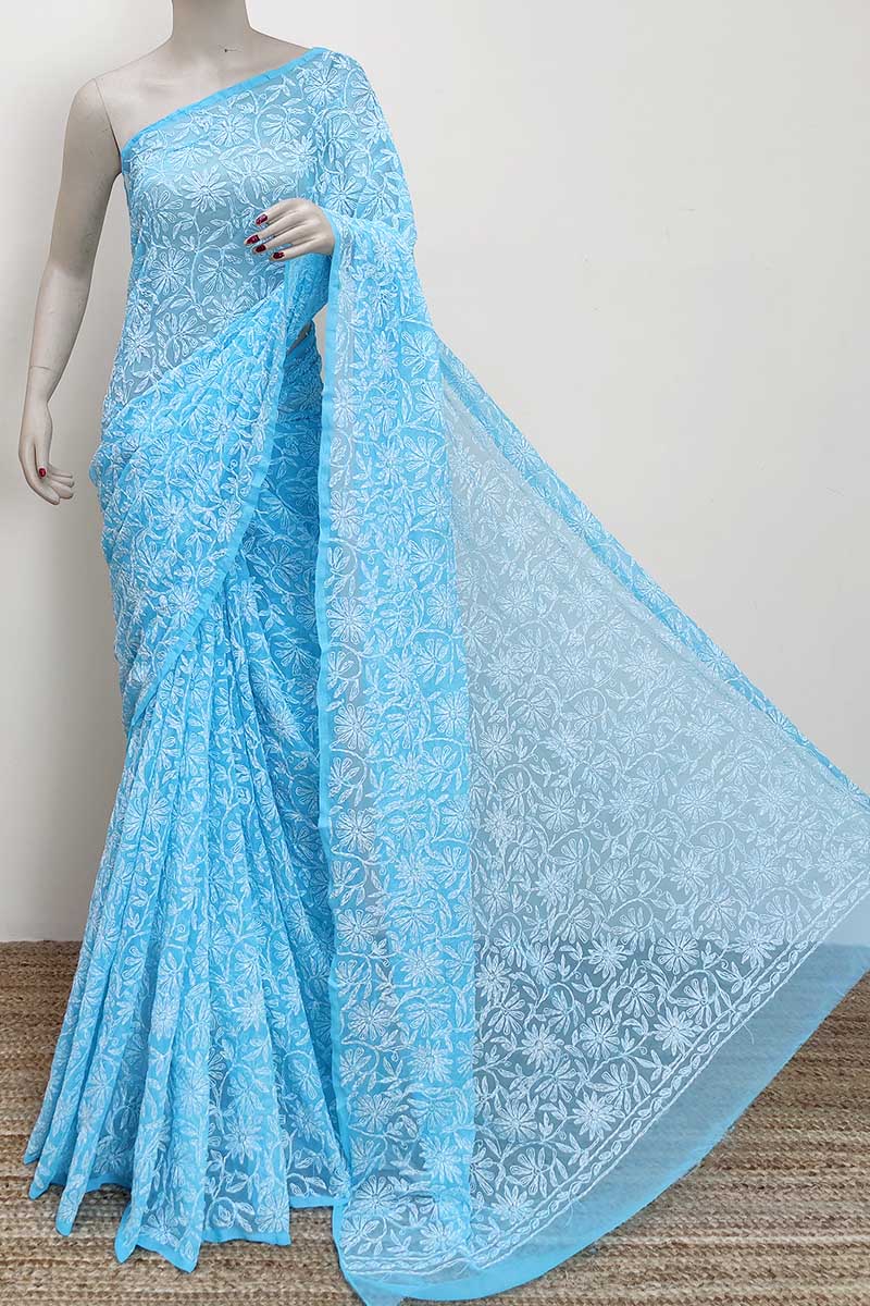 Blue Colour Georgette Lucknowi Chikankari Tepchi Saree (with Blouse) MC253001