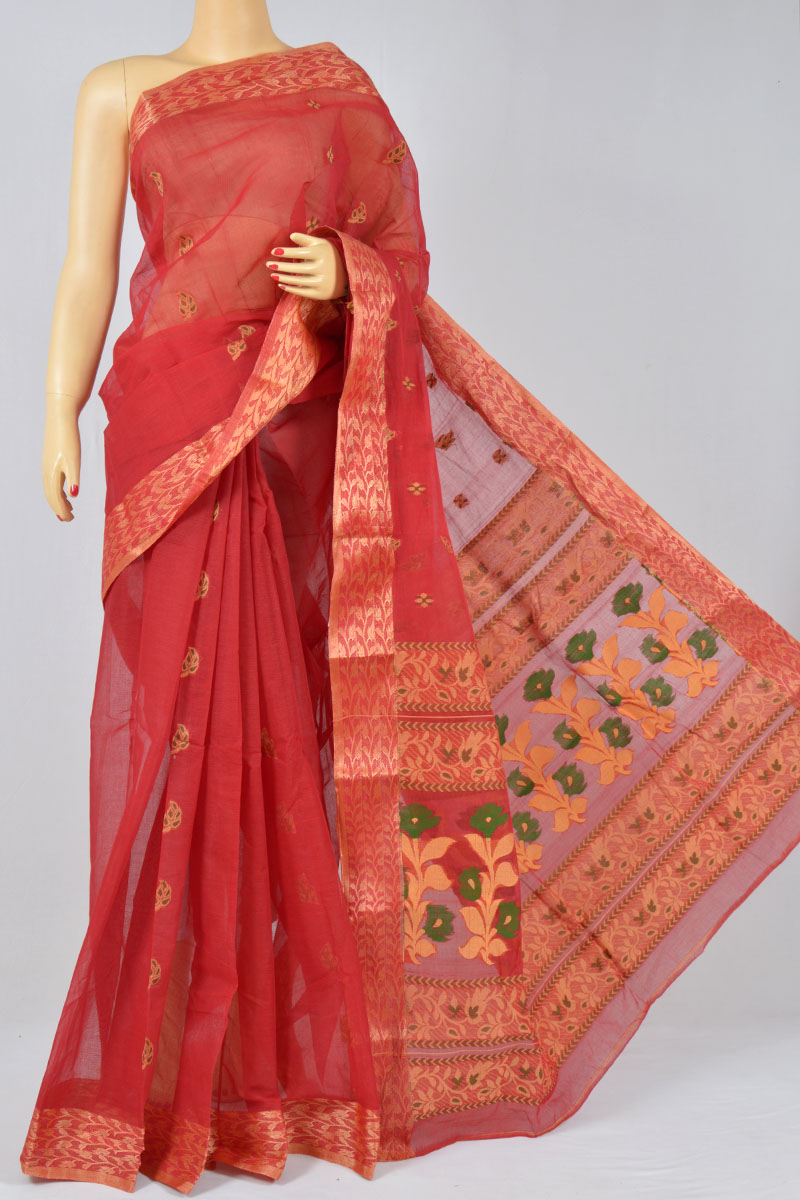 Vermilion Color Handwoven Bengal Handloom Pure Cotton Tant Saree (without Blouse) - MC250161