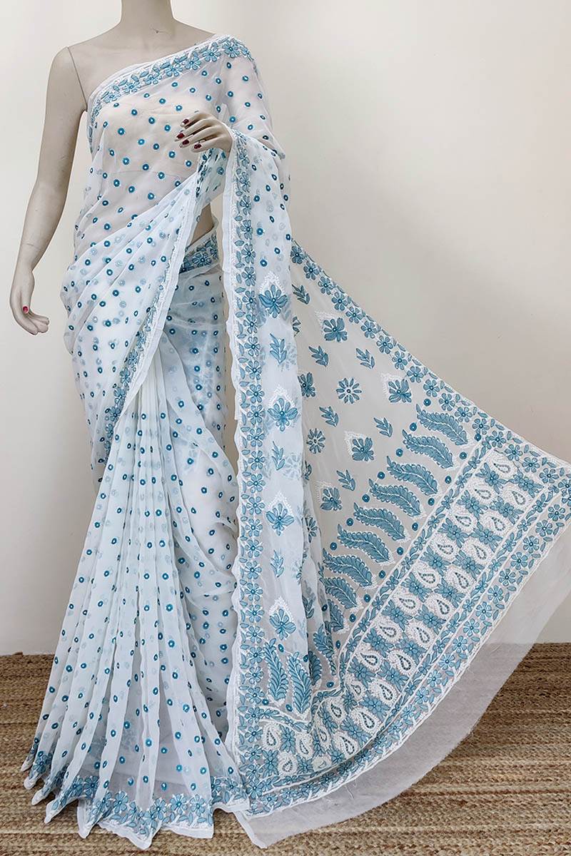 White Color Booti Jaal Designer Hand Embroidered Lucknowi Chikankari Saree (With Blouse - Georgette) MC252297