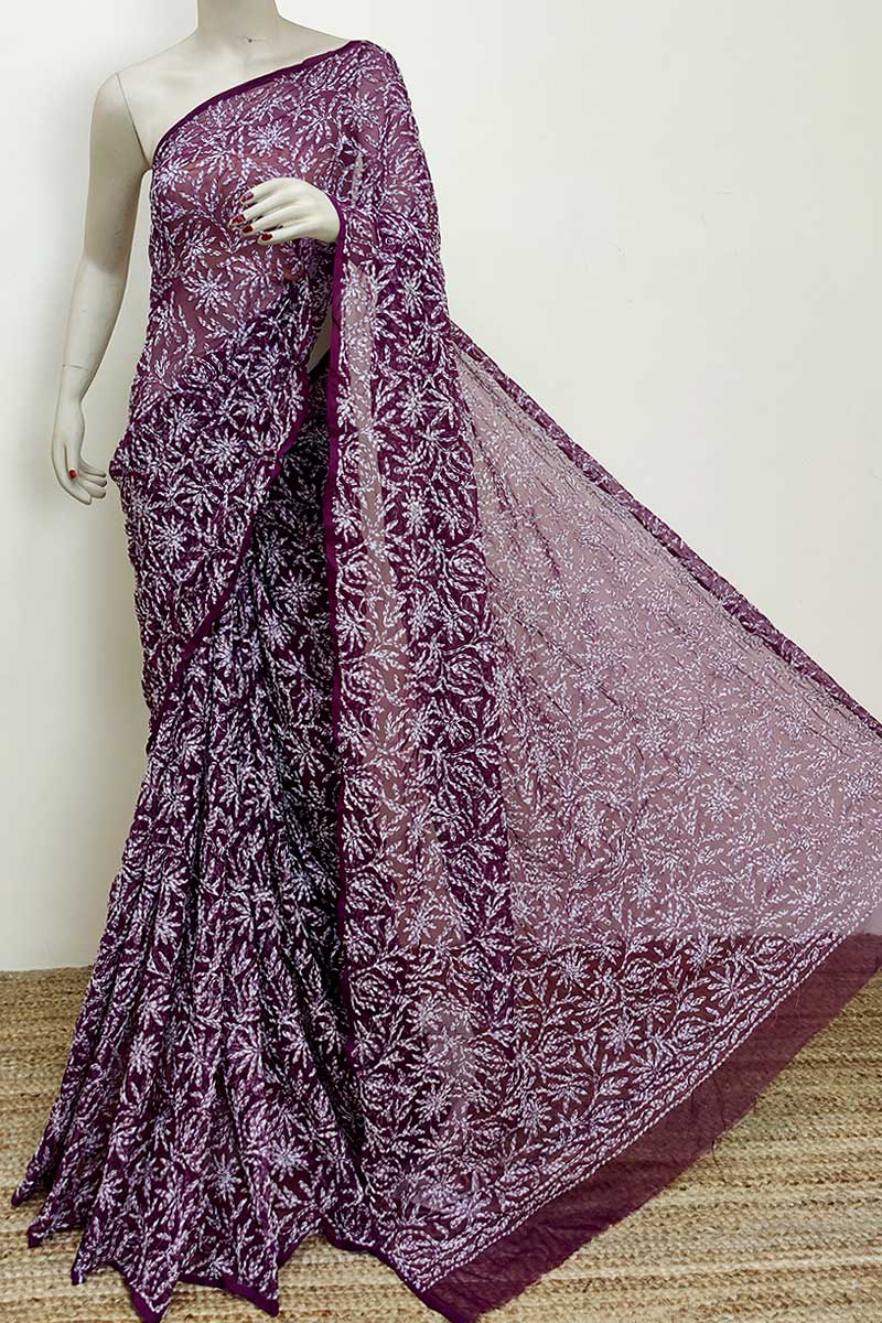 wine Colour Georgette Lucknowi Chikankari Tepchi Saree (with Blouse) MC252945