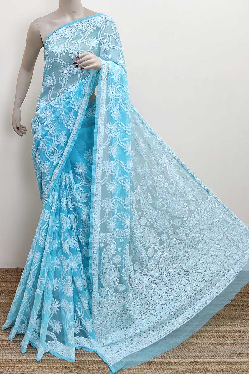 Blue Color Allover Hand Embroidered Lucknowi Chikankari Saree (With Blouse - Georgette) MC252950