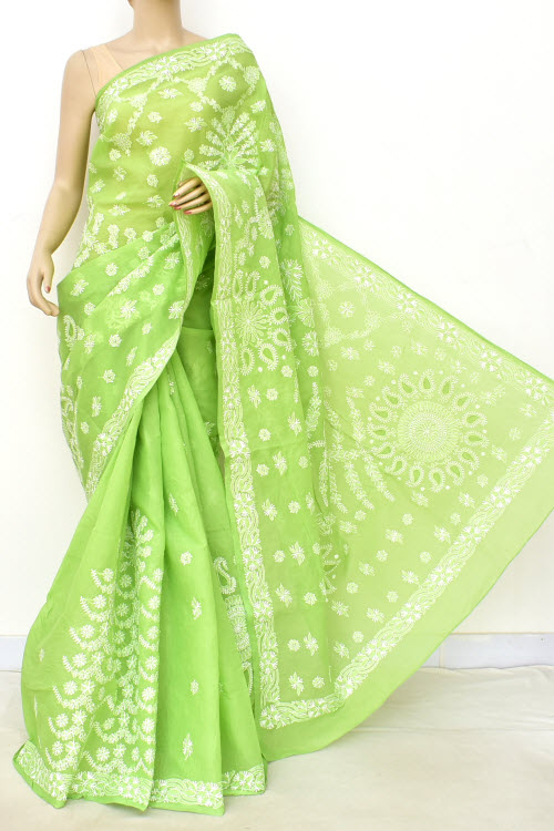 Green Hand Embroidered Lucknowi Chikankari Saree (with Blouse - Cotton) 14813