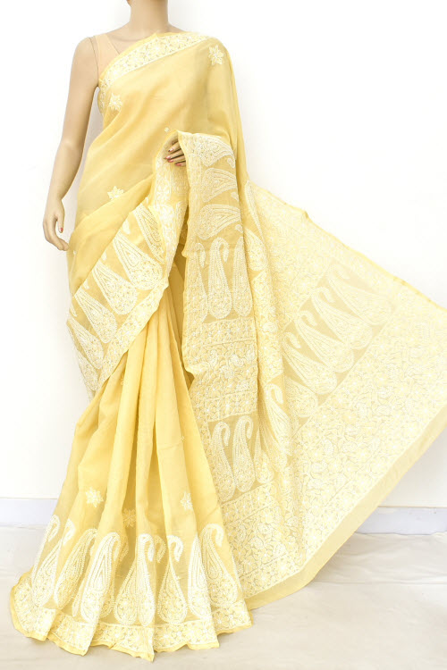 Light Yellow Hand Embroidered Lucknowi Chikankari Saree (With Blouse - Cotton) 14893