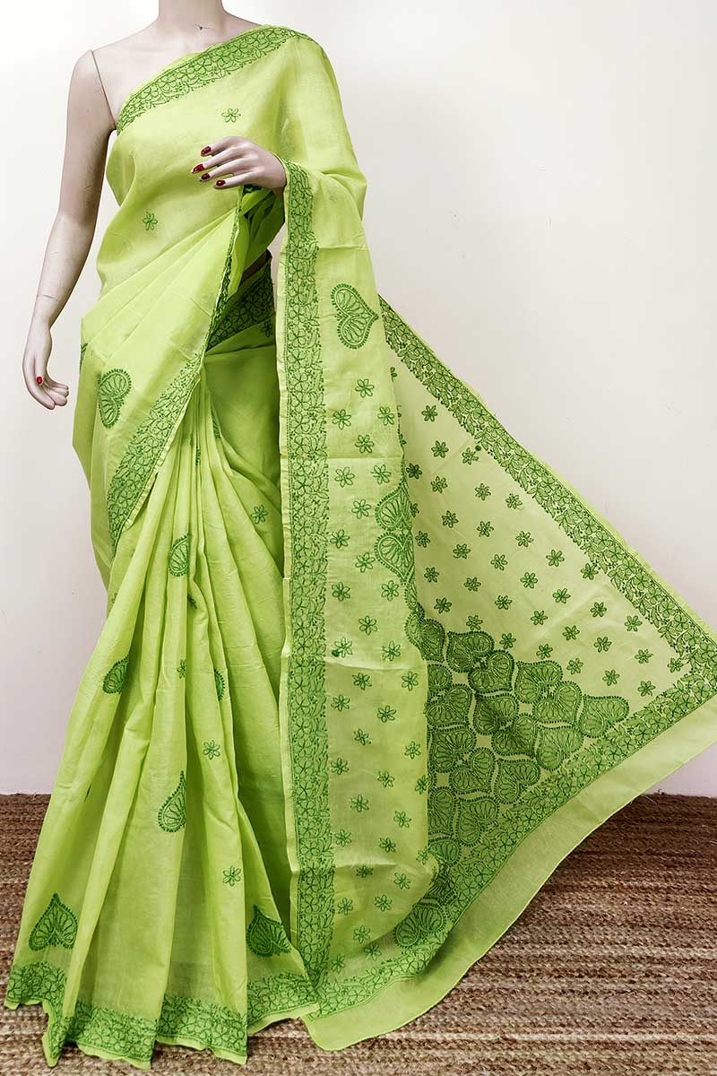 Green Colour Cotton Lucknowi Chikankari Saree (with Blouse) Mc252800
