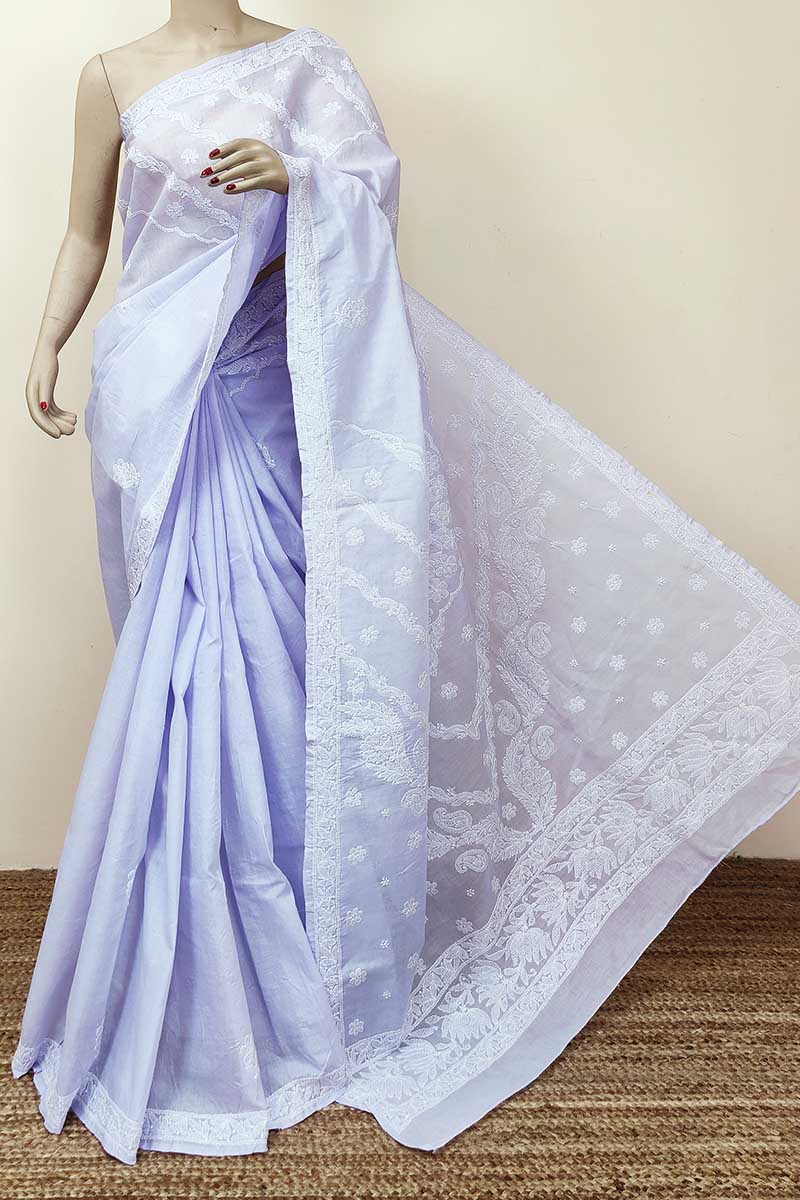 Lavender Colour Cotton Lucknowi Chikankari Saree (with Blouse) MC252801