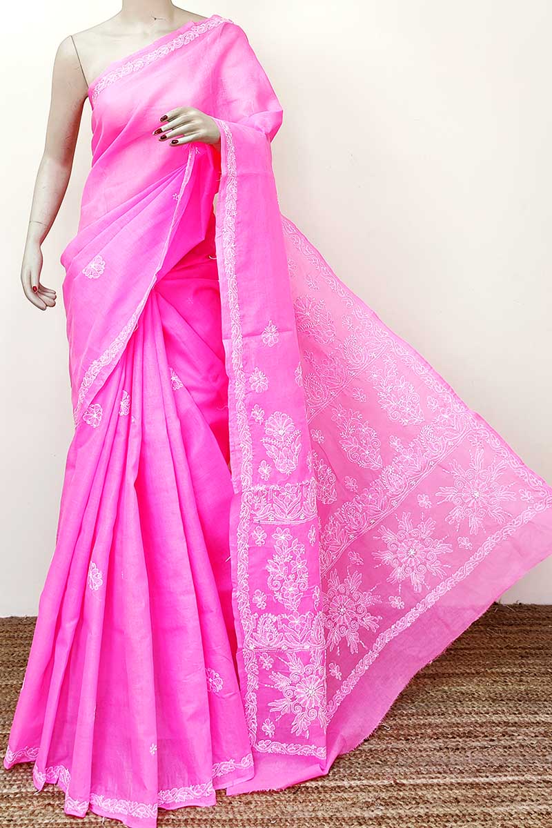 Pink Colour Cotton Lucknowi Chikankari Saree (with Blouse) Mc252803