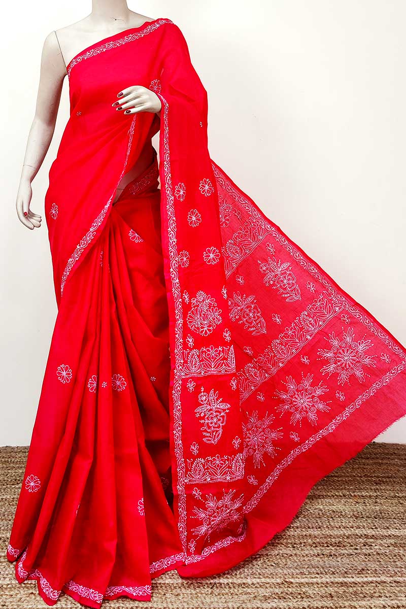 Red Colour Cotton Lucknowi Chikankari Saree (with Blouse) MC252804