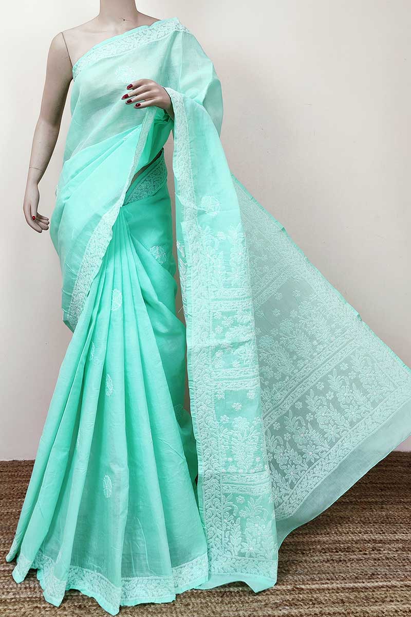 Sea Green Colour Cotton Lucknowi Chikankari Saree (with Blouse) Mc252805