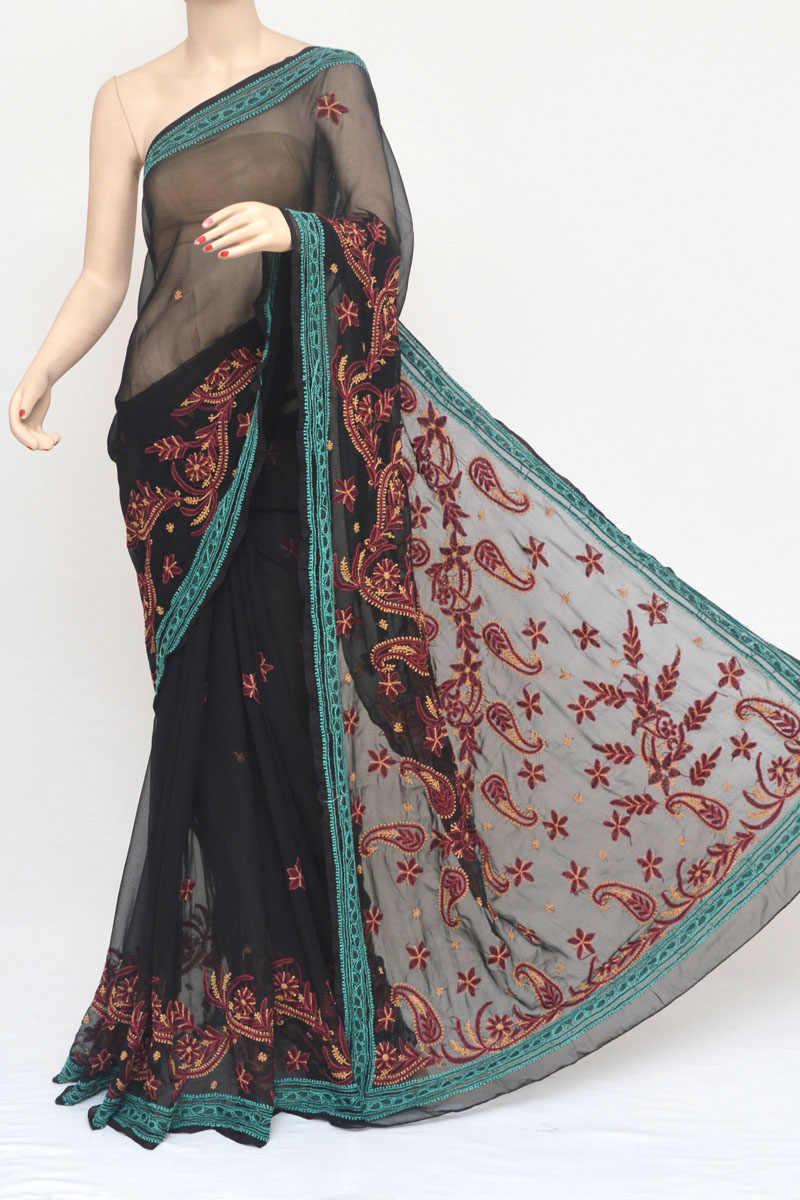 Lucknow Chikankari Black Saree With Petticoat / Hand Embroidery /free  Shipping in US - Etsy