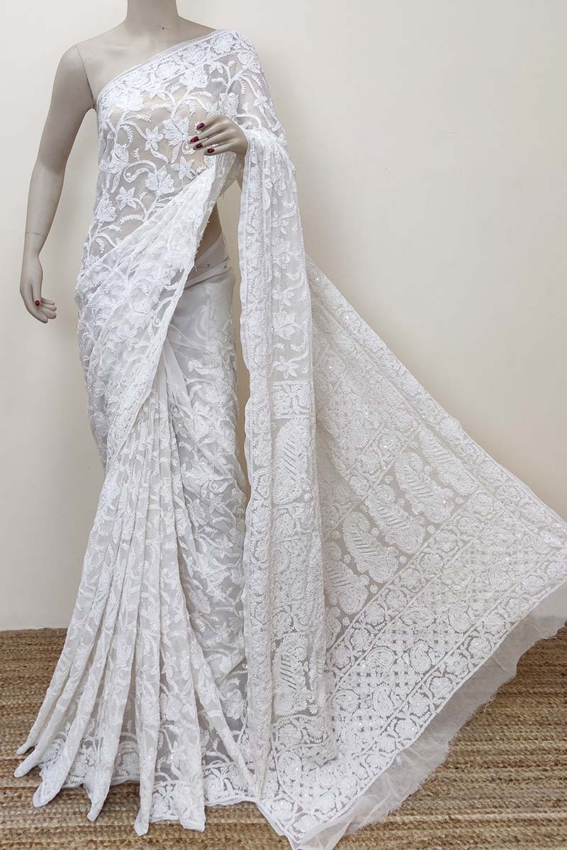 White Color Allover Hand Embroidered Lucknowi Chikankari Saree with pearl sequence (With Blouse - Georgette) MC252835