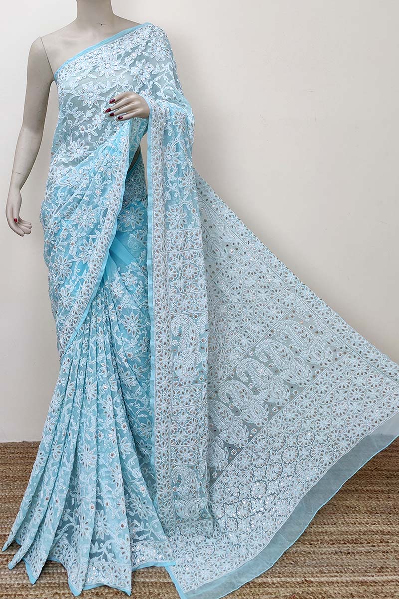 Sky Blue Color Allover Hand Embroidered Lucknowi Chikankari Saree with Gota Patti (With Blouse - Georgette) MC252836