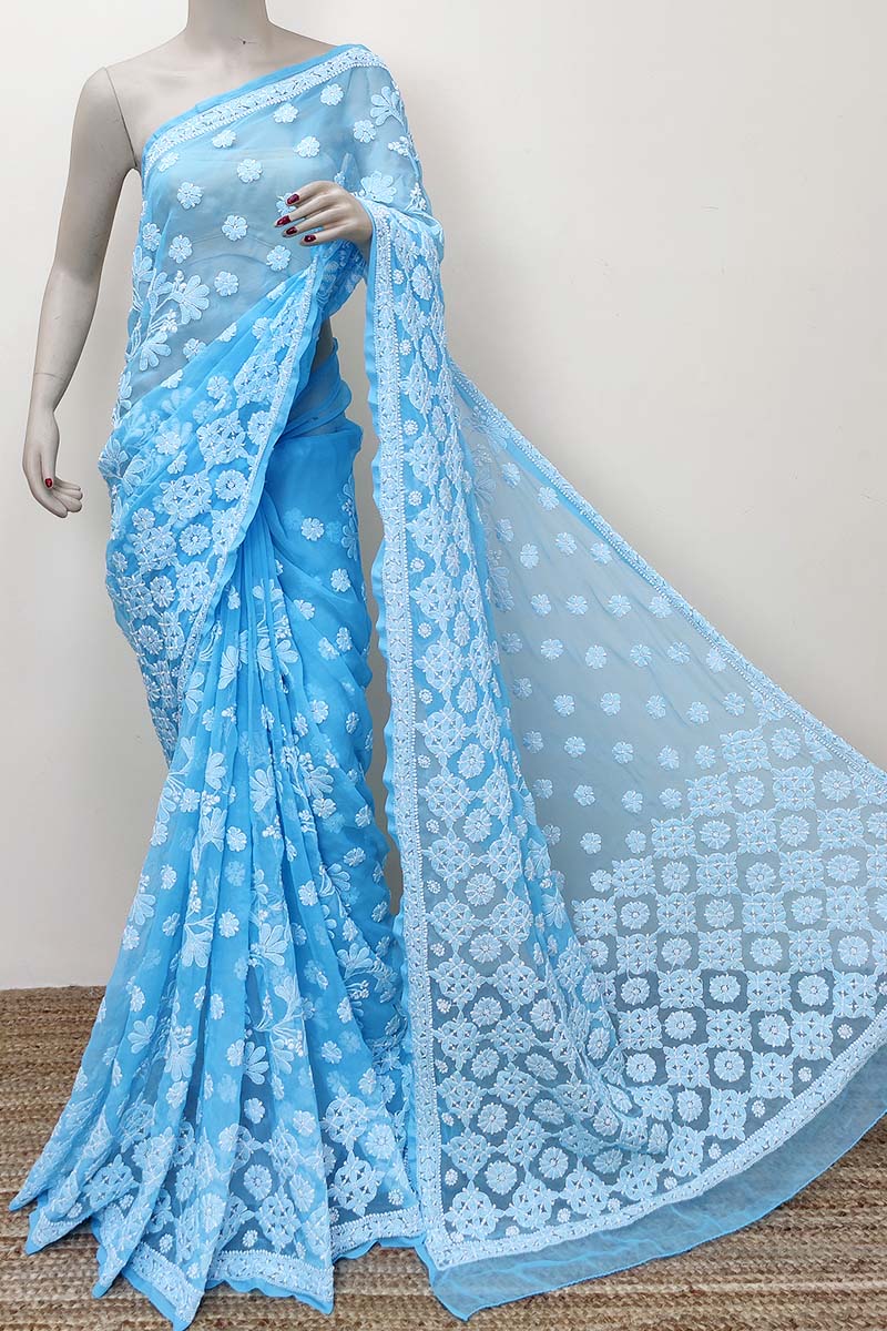 Blue color Designer Hand Embroidered Lucknowi Chikankari Saree (With Blouse - Georgette) MC252838