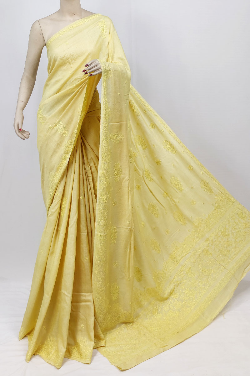 Yellow Lemon Color Tussar Silk Lucknowi Chikankari Saree With Blouse MC253248
