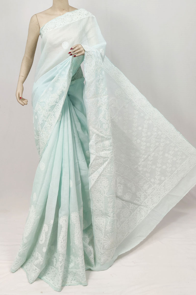 Dusty Sea Green Colour Cotton Lucknowi Chikankari Saree With Blouse MC253239