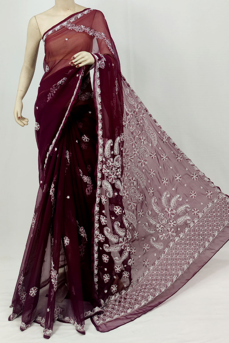 Wine Color Georgette Lucknowi Chikankari Saree With Blouse MC253247