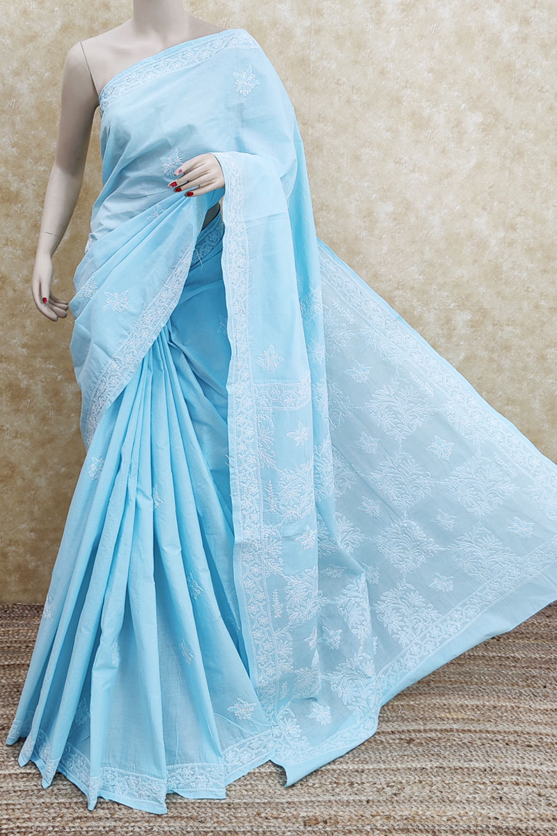 Buy Sky Blue Color Hand Embroidered Work Lucknowi Chikankari Saree ...