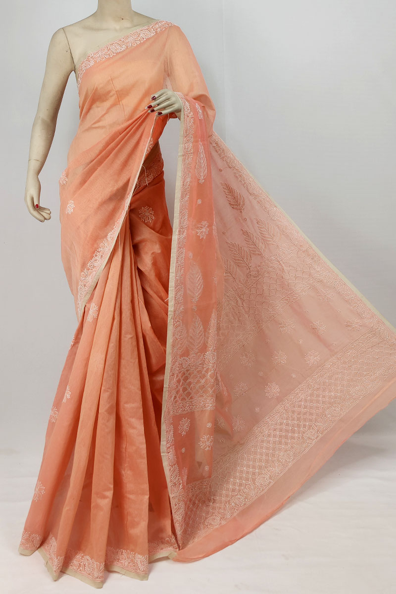 Orange Colour Chanderi Cotton Designer Lucknowi Chikankari Saree With Blouse MC253299