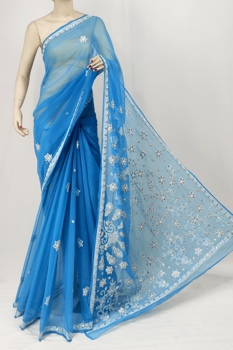Blue Georgette Designer Lucknowi Chikankari Saree With Blouse & Gotapatti Work MC253292