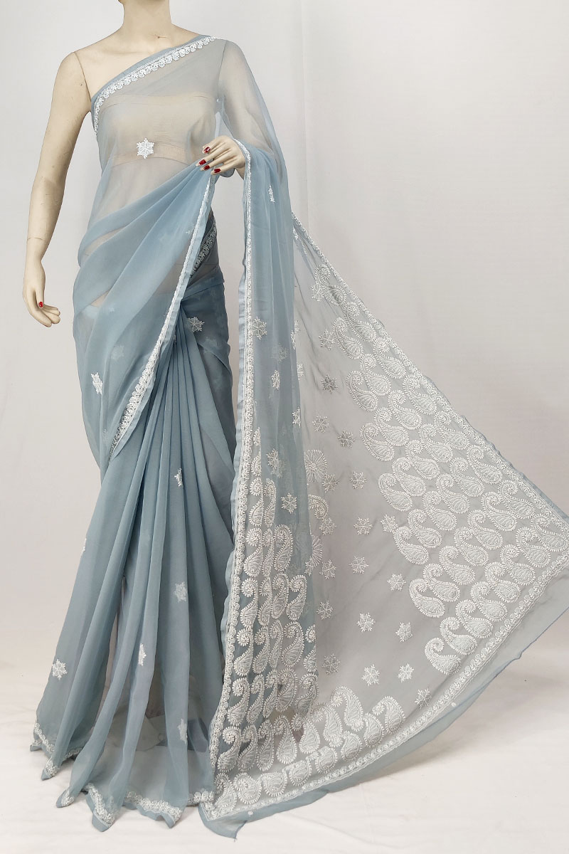 Gray Georgette Designer Lucknowi Chikankari Saree With Blouse MC253294