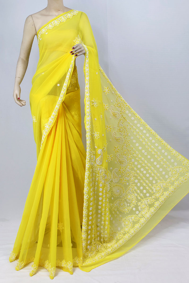 Yellow Georgette Designer Lucknowi Chikankari Saree With Blouse & With Beeds Sequin Work MC253296