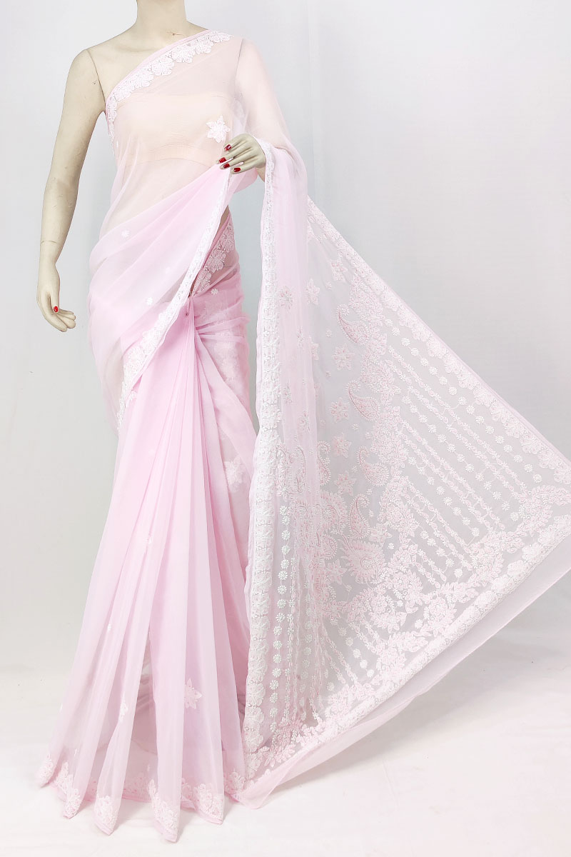 Baby Pink Georgette Designer Lucknowi Chikankari Saree With Blouse & With Beeds Sequin Work MC253297