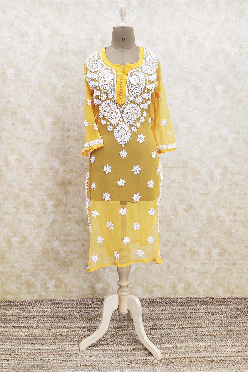 Ada Hand Embroidered Yellow Georgette Lucknowi Chikan Women Kurta With Slip  - A411128 - Ada - 3385804