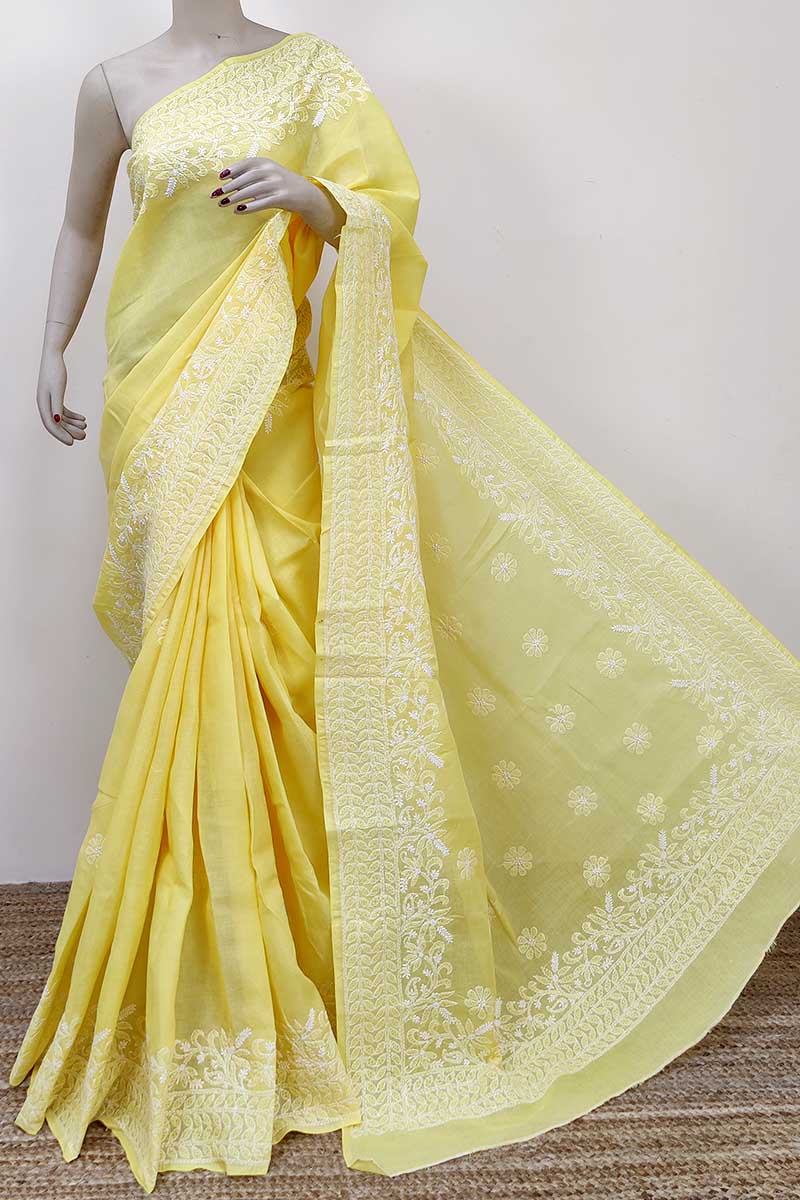 Yellow Colour Cotton Lucknowi Chikankari Saree Border Palla (with Blouse) Mc252806
