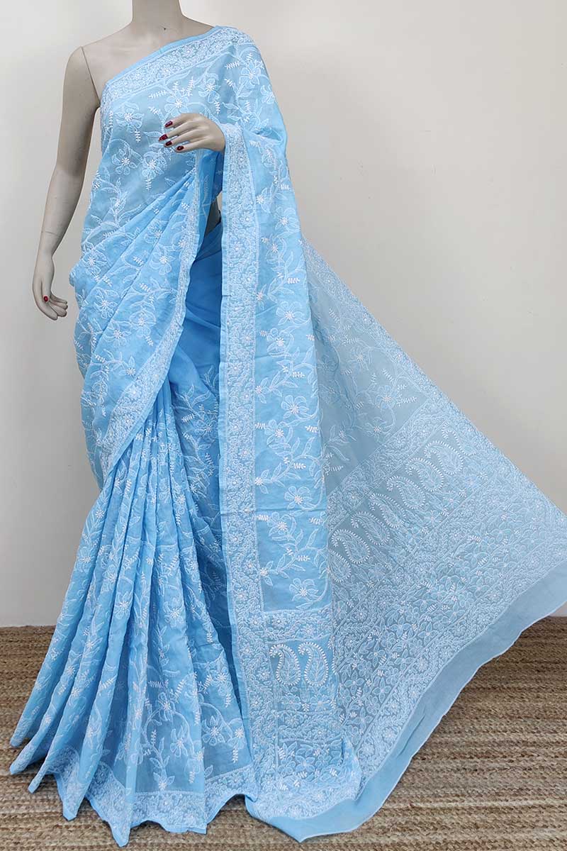 Blue Colour Cotton Allover Lucknowi Chikankari Saree (with Blouse) Mc252807